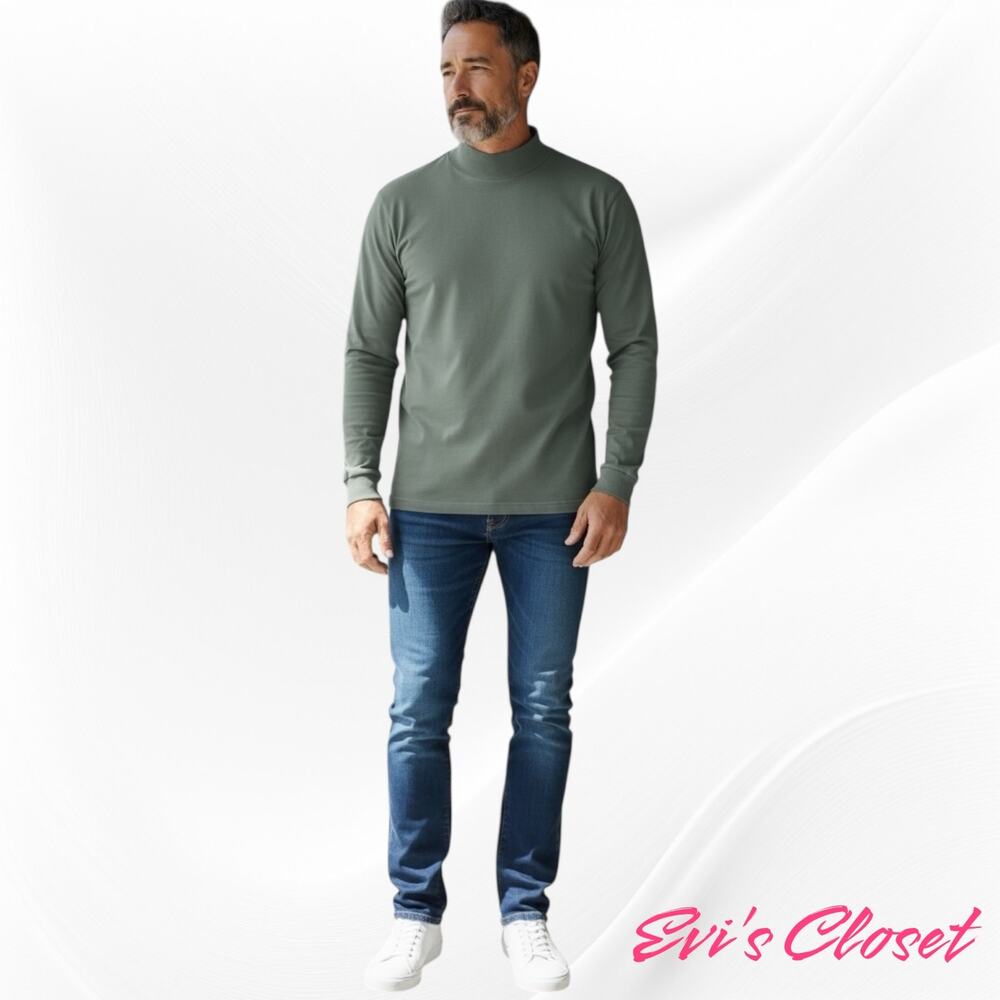 L.L Bean Mens Mock Sage Green Turtle Neck Classic Long Sleeve Top Sz L